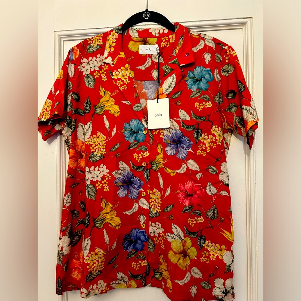 New With Tags Onia 100% Cotton Crisp Hawaii Vacation Floral Print Shirt $250